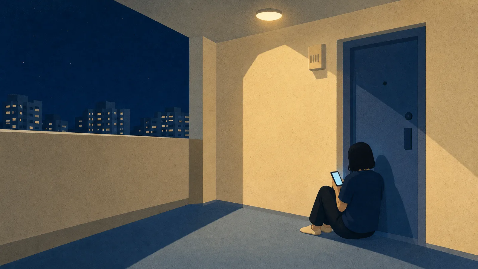 A person sitting on the corridor floor against a closed front door at night with a phone