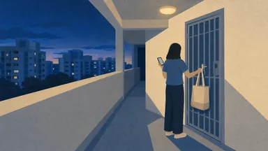 A person at a closed gate in a dusk corridor turning out a tote bag