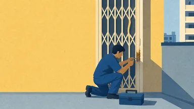 A grille gate with a bent bar and rusted hinge with a workman kneeling at it