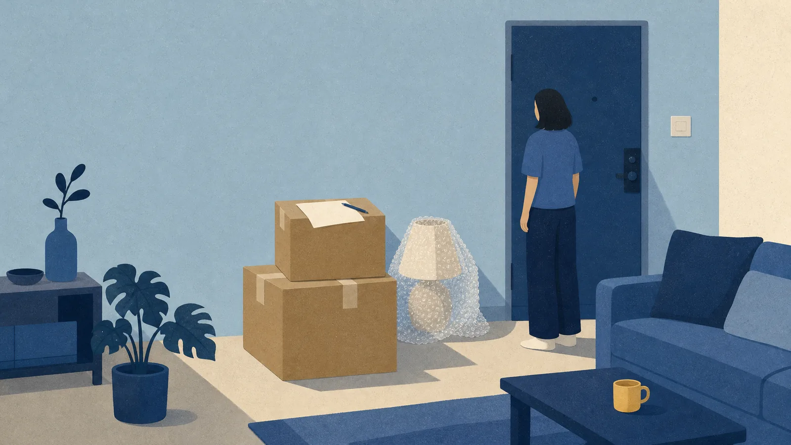 Taped moving boxes stacked by the door with a folded quote on top and a wrapped lamp