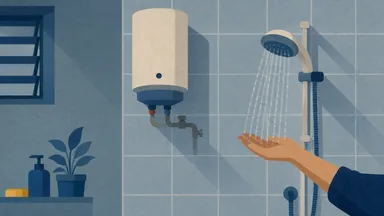 A wall-mounted water heater with a dark indicator and a hand under a cold shower