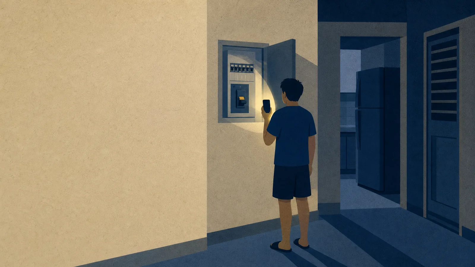 A person shining a phone torch at an open distribution board with the main switch down