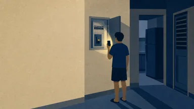 A person shining a phone torch at an open distribution board with the main switch down