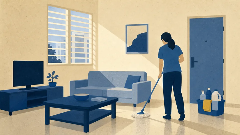 A cleaner mopping a living room floor with a caddy of supplies by the door