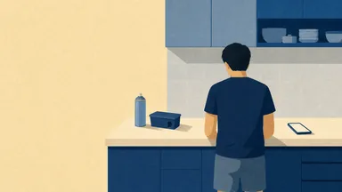 A spray can and a bait box on a counter beside a phone
