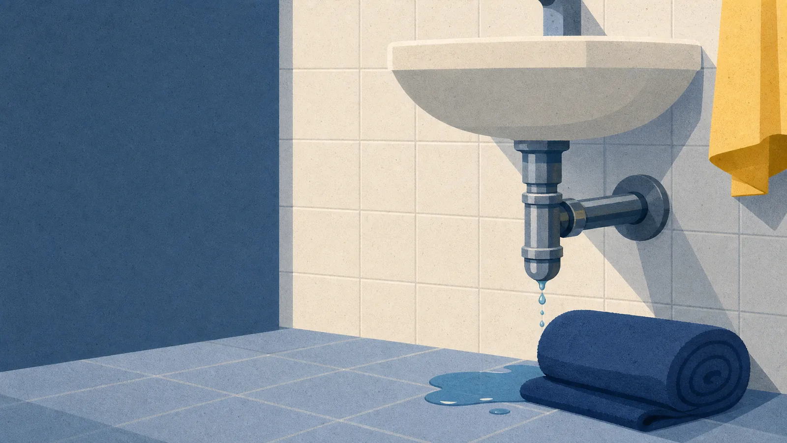 A slow drip from a pipe joint under a basin with a towel against the puddle