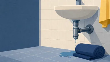 A slow drip from a pipe joint under a basin with a towel against the puddle