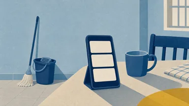 A phone showing three booking cards on a kitchen table, mop and bucket behind