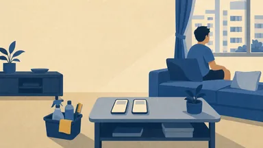 Two phones side by side on a coffee table with a cleaning caddy on the floor