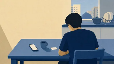 A person at a kitchen table looking down at a phone and a business card