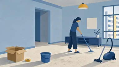 A person mopping a dusty freshly renovated living room with a bucket and vacuum nearby