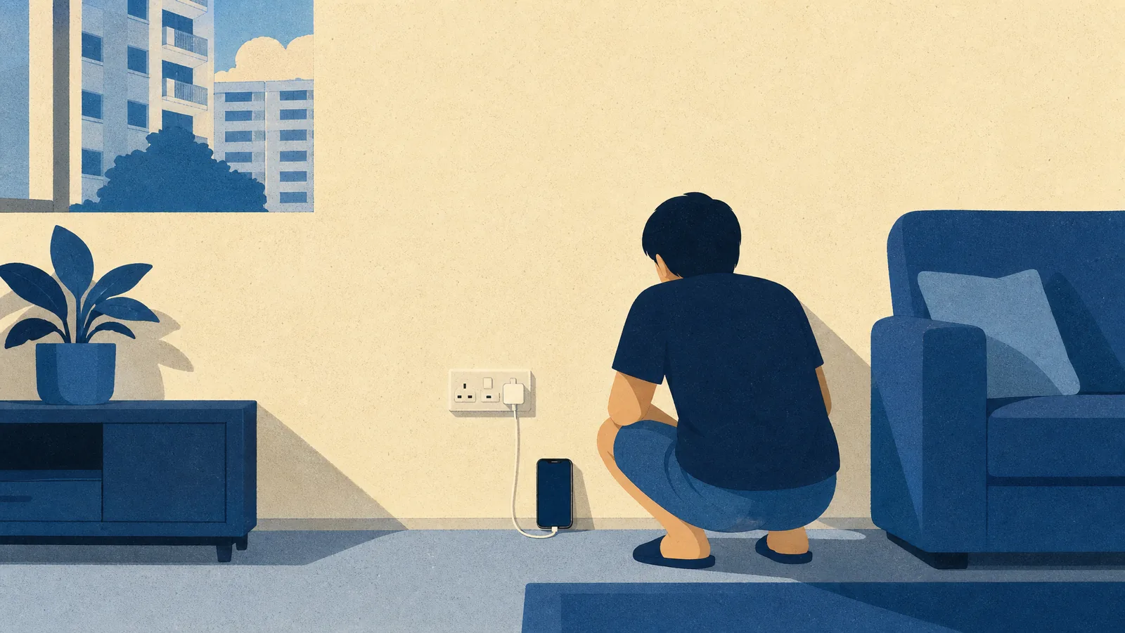 A phone charger in a wall socket, the phone screen dark, a person crouching