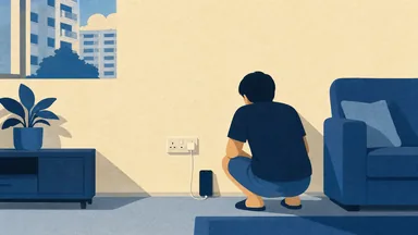 A phone charger in a wall socket, the phone screen dark, a person crouching