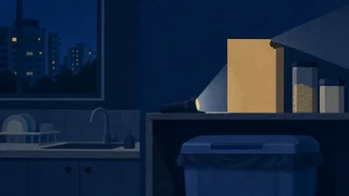 A chewed corner on a cereal box on a shelf lit by a torch beam