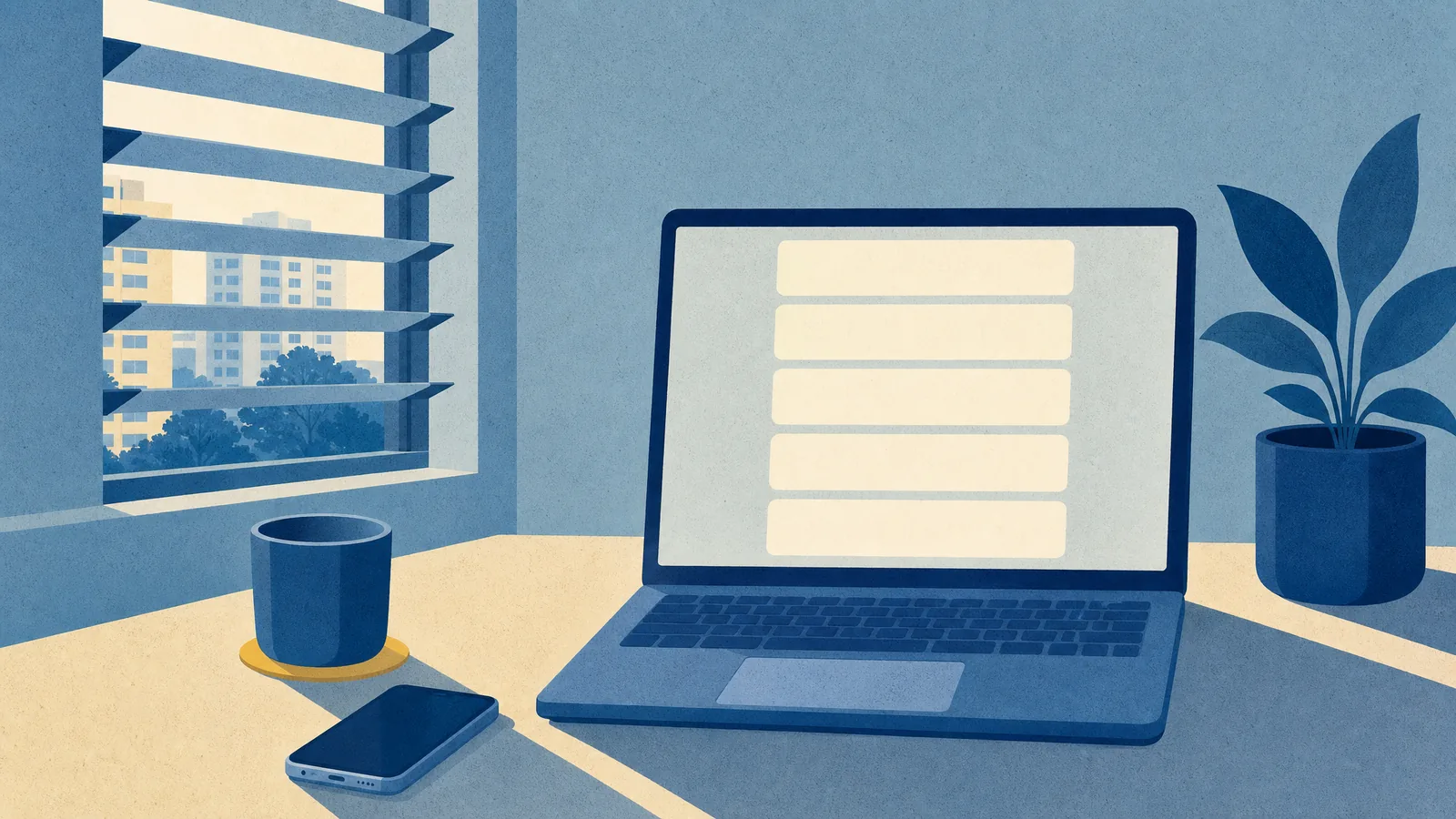A laptop showing a column of five review cards beside a phone and a cup
