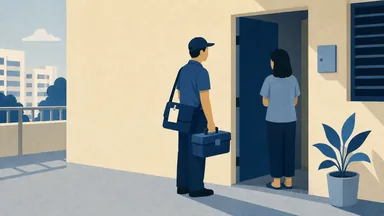 A plumber with a toolbox at an open front door, greeted by a resident