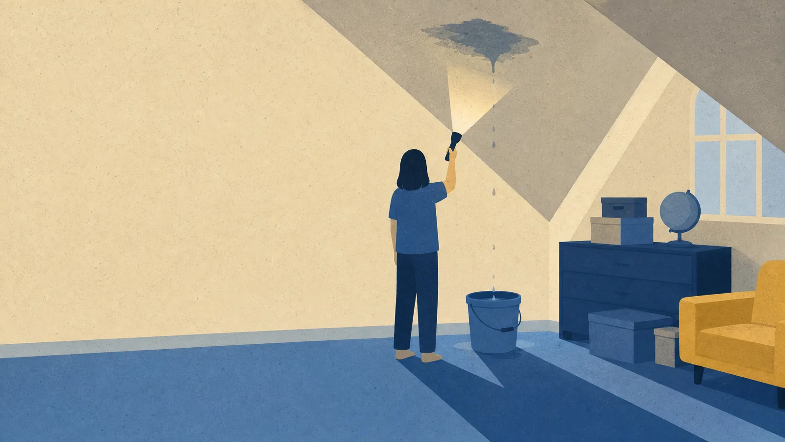 A drip from a stain on an attic ceiling into a pail, a person holding a torch