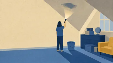 A drip from a stain on an attic ceiling into a pail, a person holding a torch