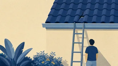 A navy tiled roof with one cracked slipped tile, a ladder on the gutter and a person looking up