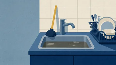 A kitchen sink half full of murky water with a plunger against the tap