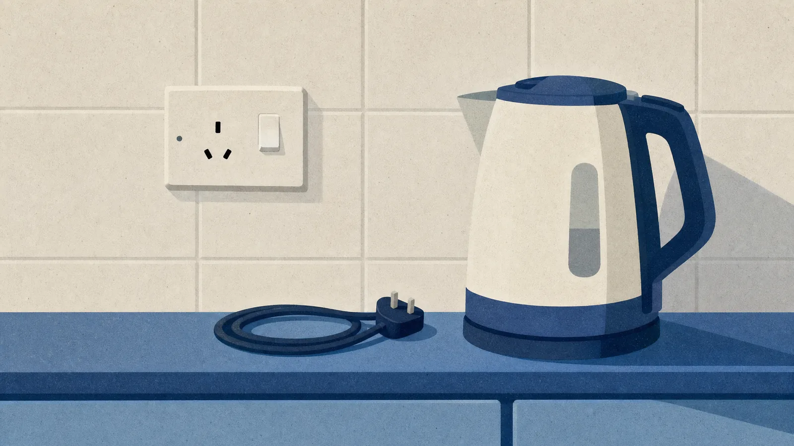 A wall socket switched off with a dark mark on the plate, a kettle cord coiled beside it