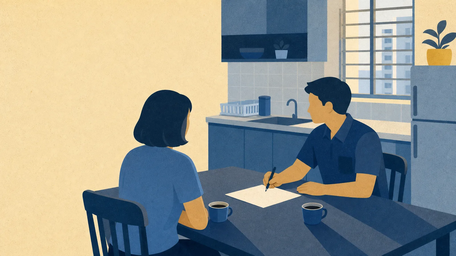 A resident and a tradesman at a kitchen table with a sheet of paper and two coffees