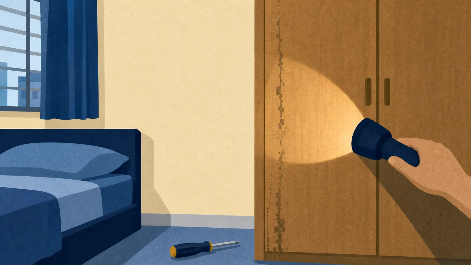A mud trail up a wardrobe door lit by a torch, a screwdriver on the floor