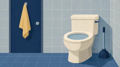 A toilet bowl with the water risen high and a plunger standing beside it