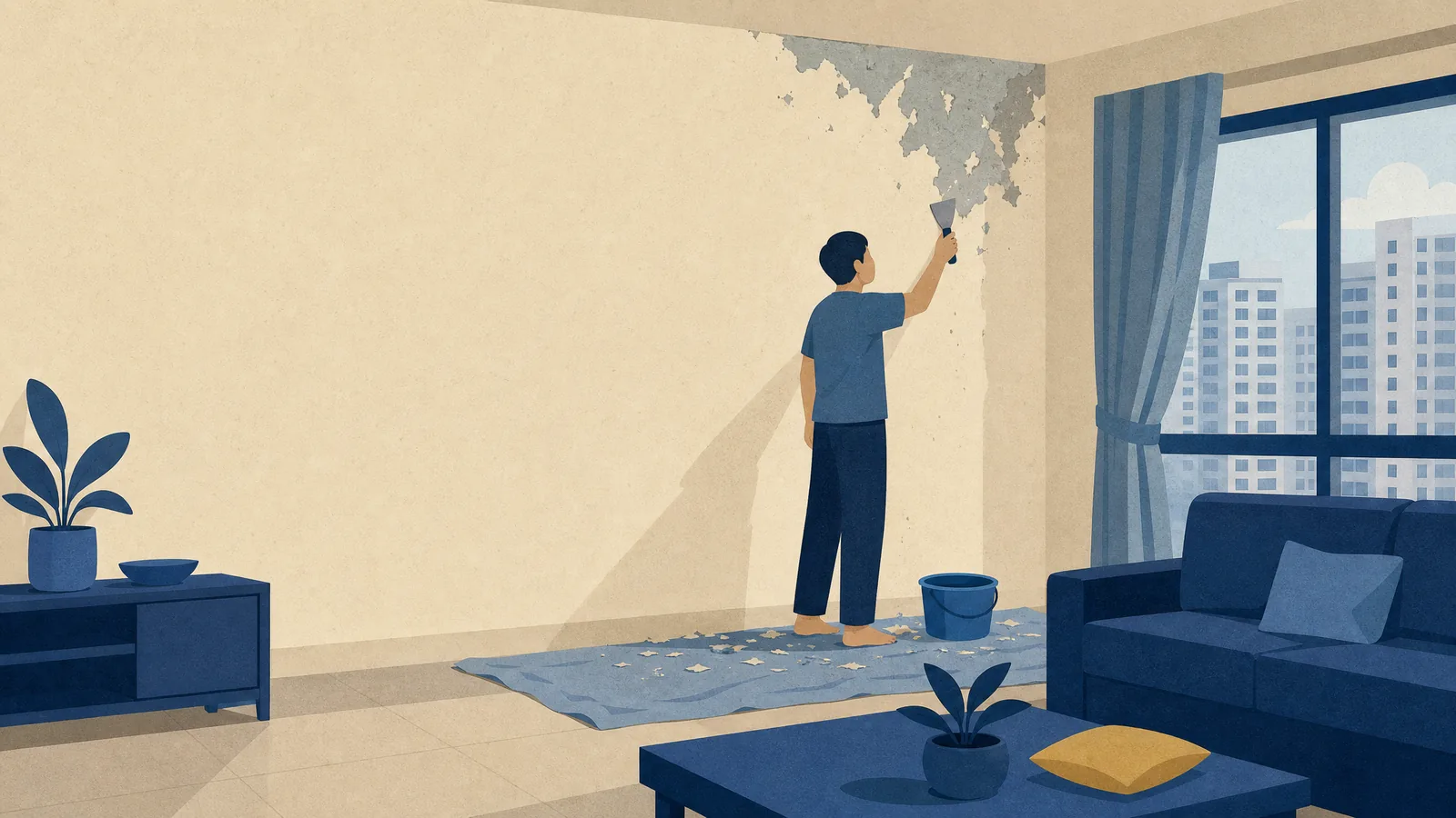 A person scraping cracked flaking paint near a living room ceiling corner