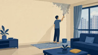 A person scraping cracked flaking paint near a living room ceiling corner