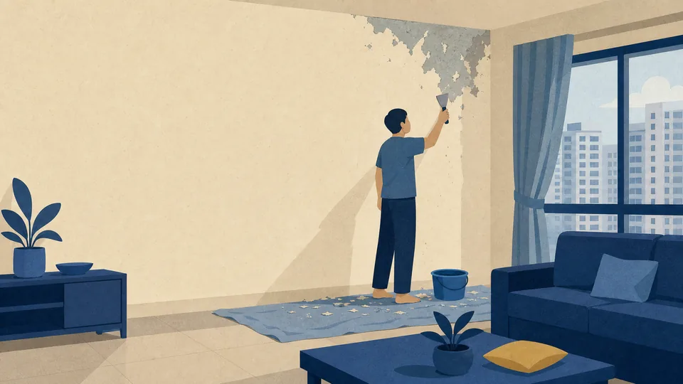 A person scraping cracked flaking paint near a living room ceiling corner