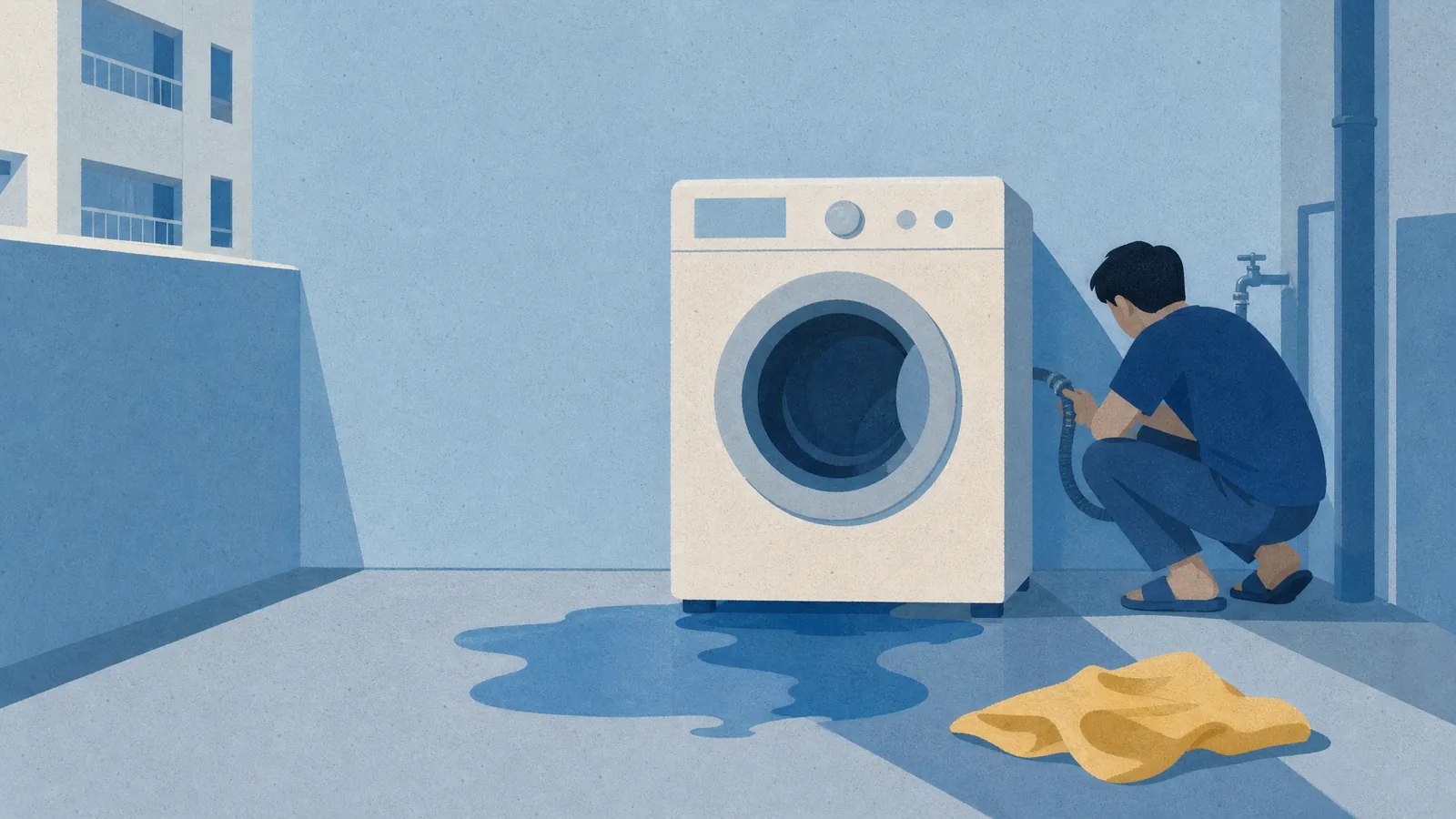A person crouched behind a washing machine checking the hose, water pooled on the floor