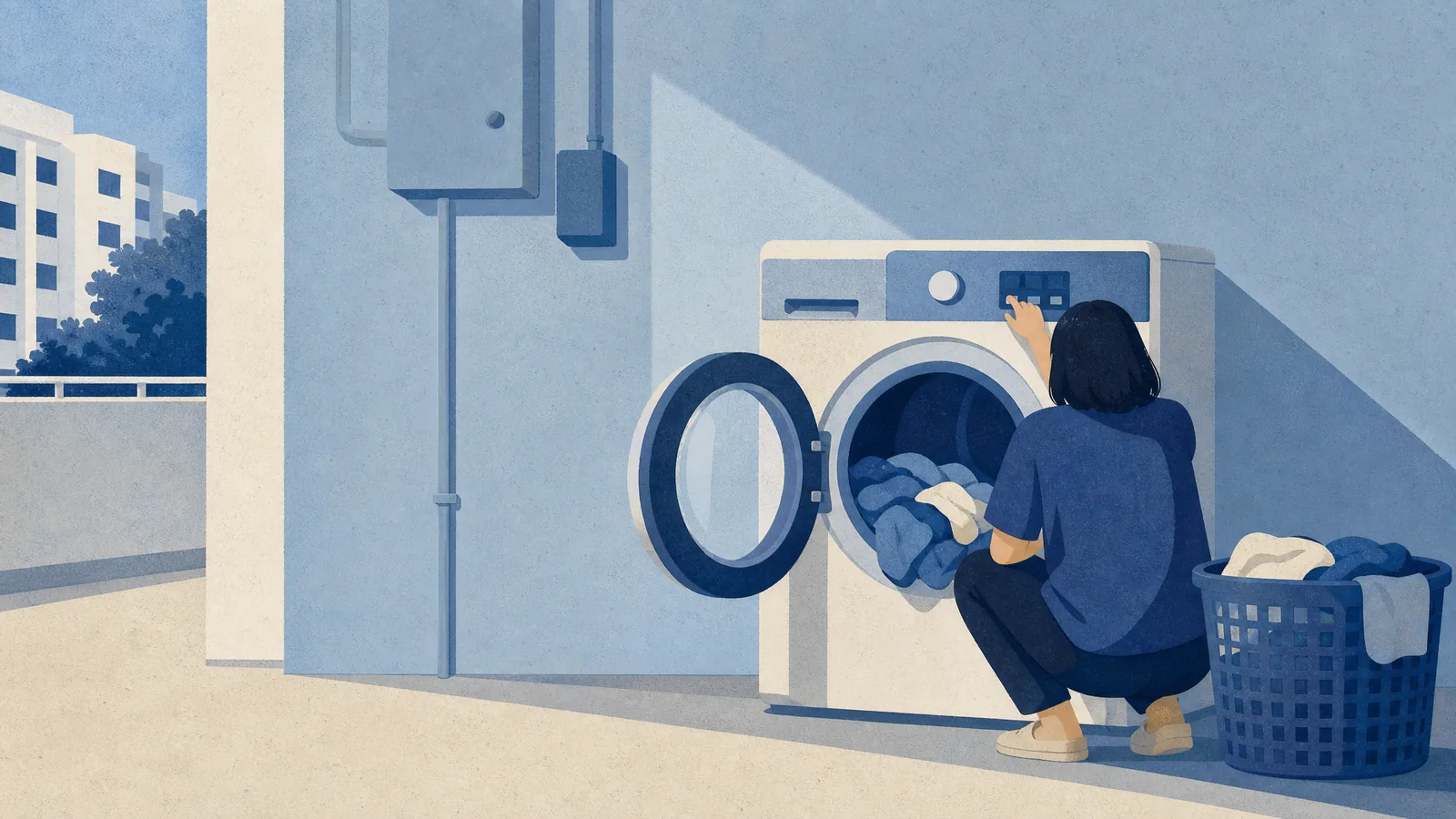 An open front-loading washing machine with wet laundry still inside the drum