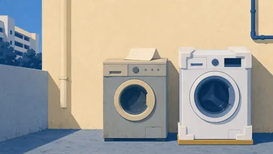 An old washing machine beside a new one with a foam corner and a quote sheet