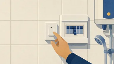 A water heater switch with a dark light beside a distribution box with a breaker down
