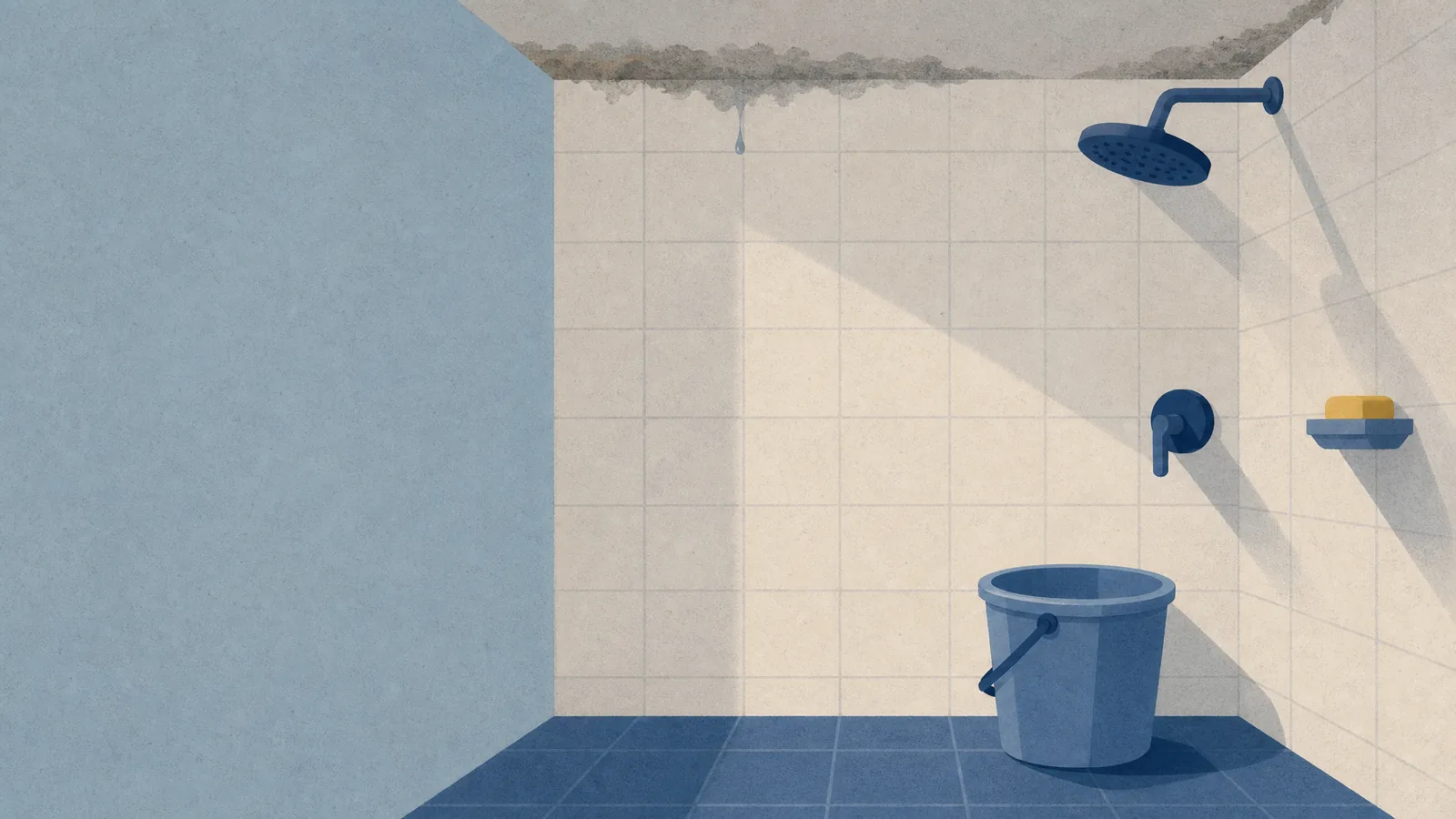 Damp spreading along a bathroom ceiling edge above the shower, a pail below