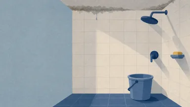Damp spreading along a bathroom ceiling edge above the shower, a pail below