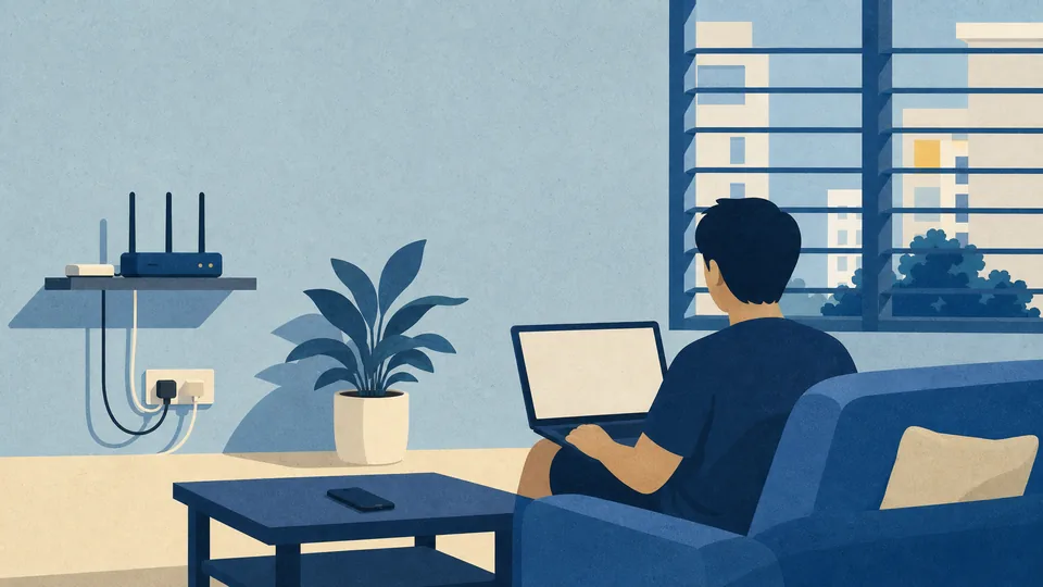 A person with a laptop on a sofa beneath a wifi router on a shelf