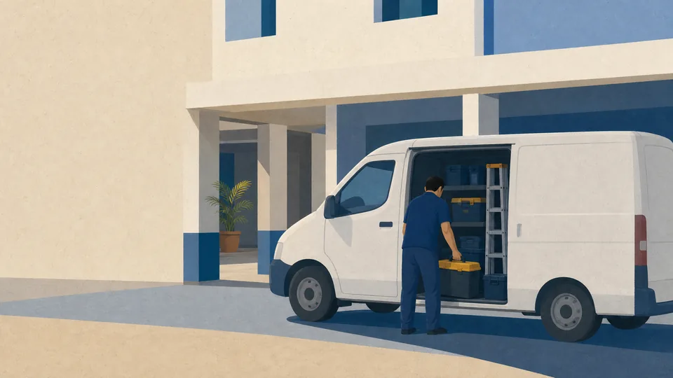 A small van with its side door open and tool cases outside an HDB block