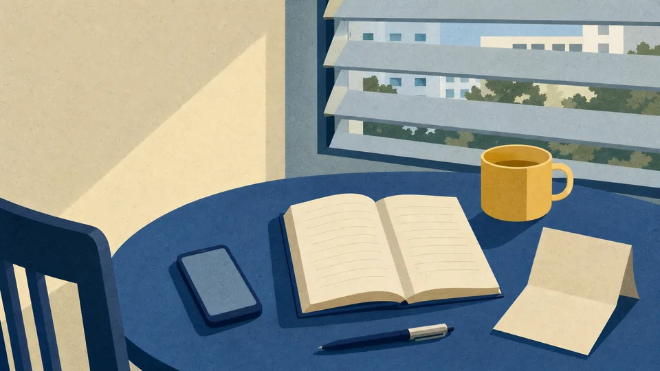 A dining table with a notebook, a folded quote sheet and a pen