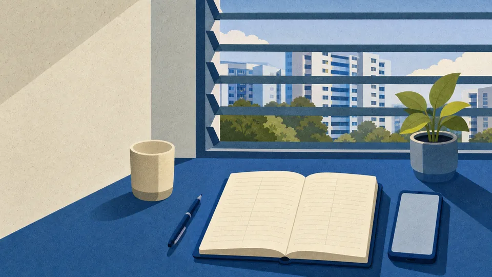 A desk by a window with an open notebook, a phone and a cup