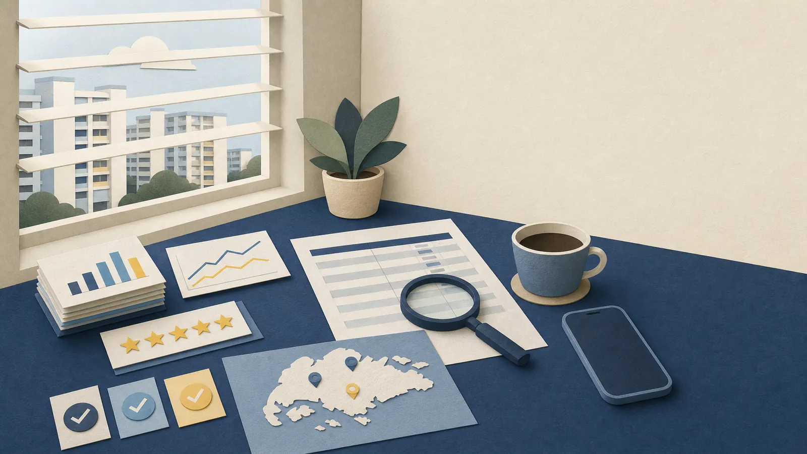A desk by an HDB window with chart cards, review stars, a table under a magnifier and a map of Singapore with pins